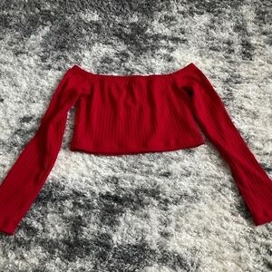 Red Off Shoulder Crop Top Long Sleeve Blouse‎ Ribbed Knit Shirt